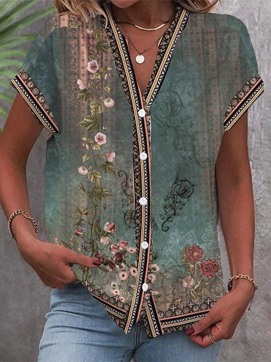 Damen Kurzarm V-Ausschnitt Bluse mit Aquarell-Blumenmuster - Green