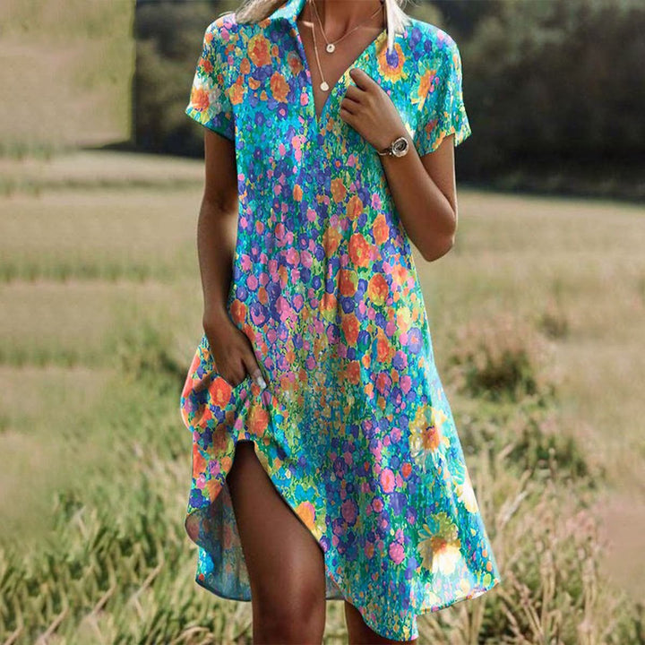 Damen Kurzarm V-Ausschnitt Gepunktetes Sommerkleid Midi - Mehrfarbig