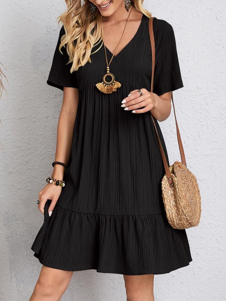 Damen Kurzarm V-Ausschnitt Gerafftes Babydoll Sommerkleid - Black