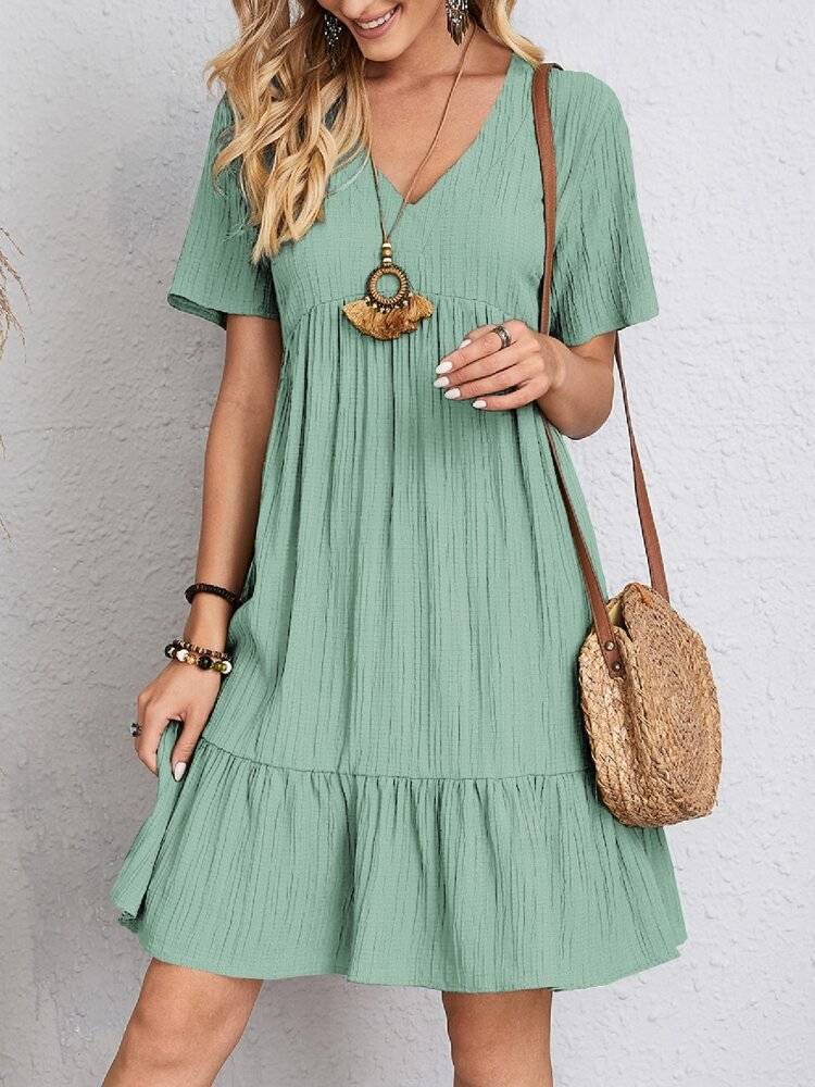 Damen Kurzarm V-Ausschnitt Gerafftes Babydoll Sommerkleid - Light Green