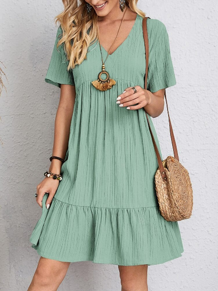 Damen Kurzarm V-Ausschnitt Gerafftes Babydoll Sommerkleid - Light Green