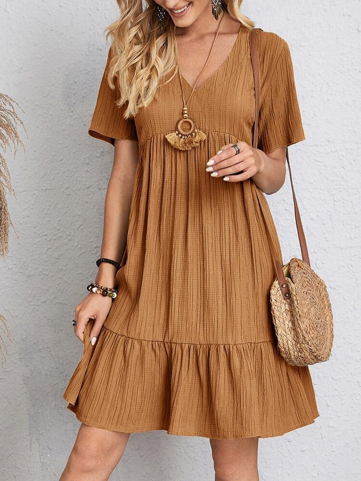 Damen Kurzarm V-Ausschnitt Gerafftes Babydoll Sommerkleid - Brown