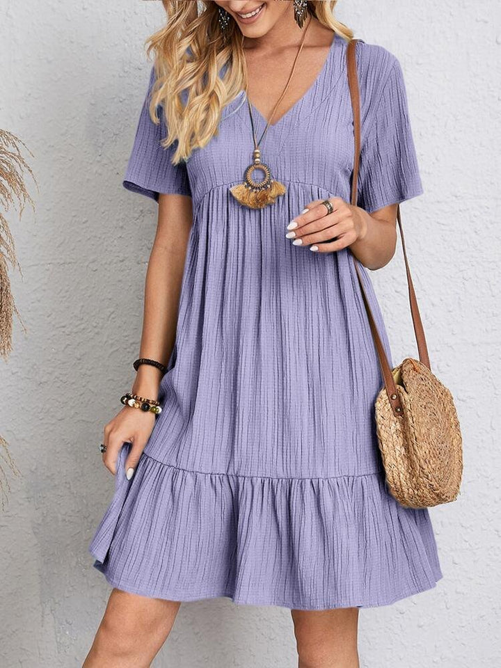 Damen Kurzarm V-Ausschnitt Gerafftes Babydoll Sommerkleid - Purple