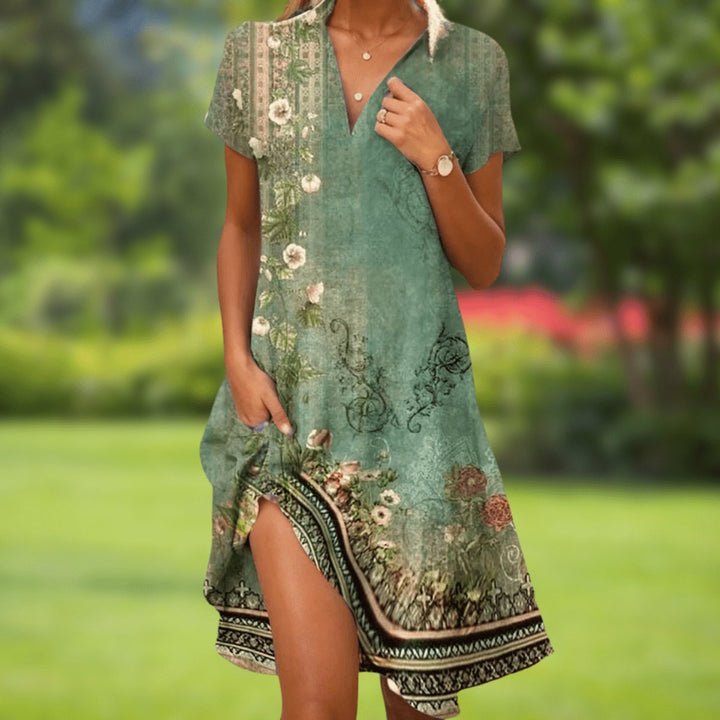 Damen Kurzarm V-Ausschnitt Sommerkleid Ornamentmuster Boho - Grün