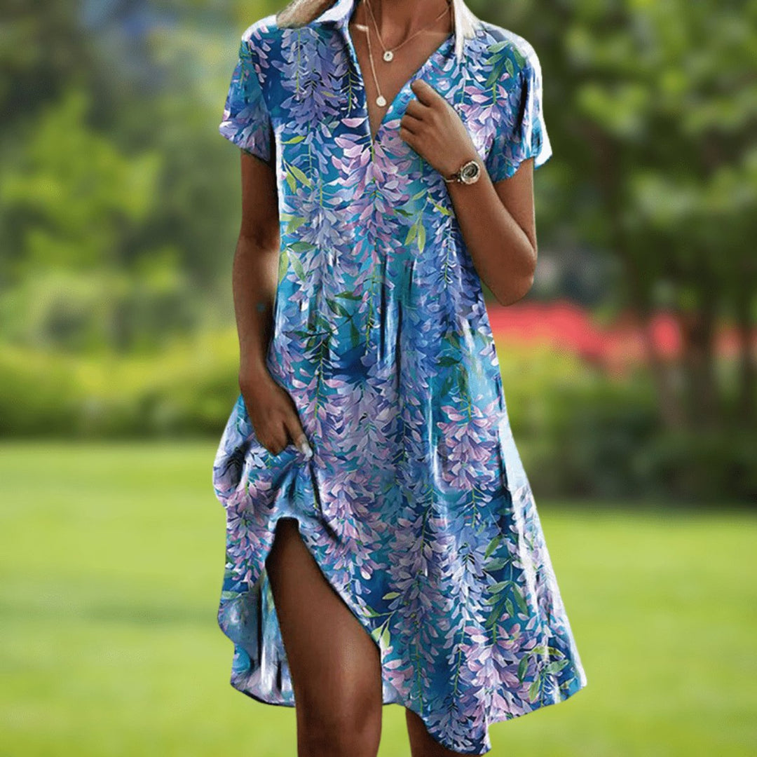 Damen Kurzarm V-Ausschnitt Sommerkleid Ornamentmuster Boho - Hellblau