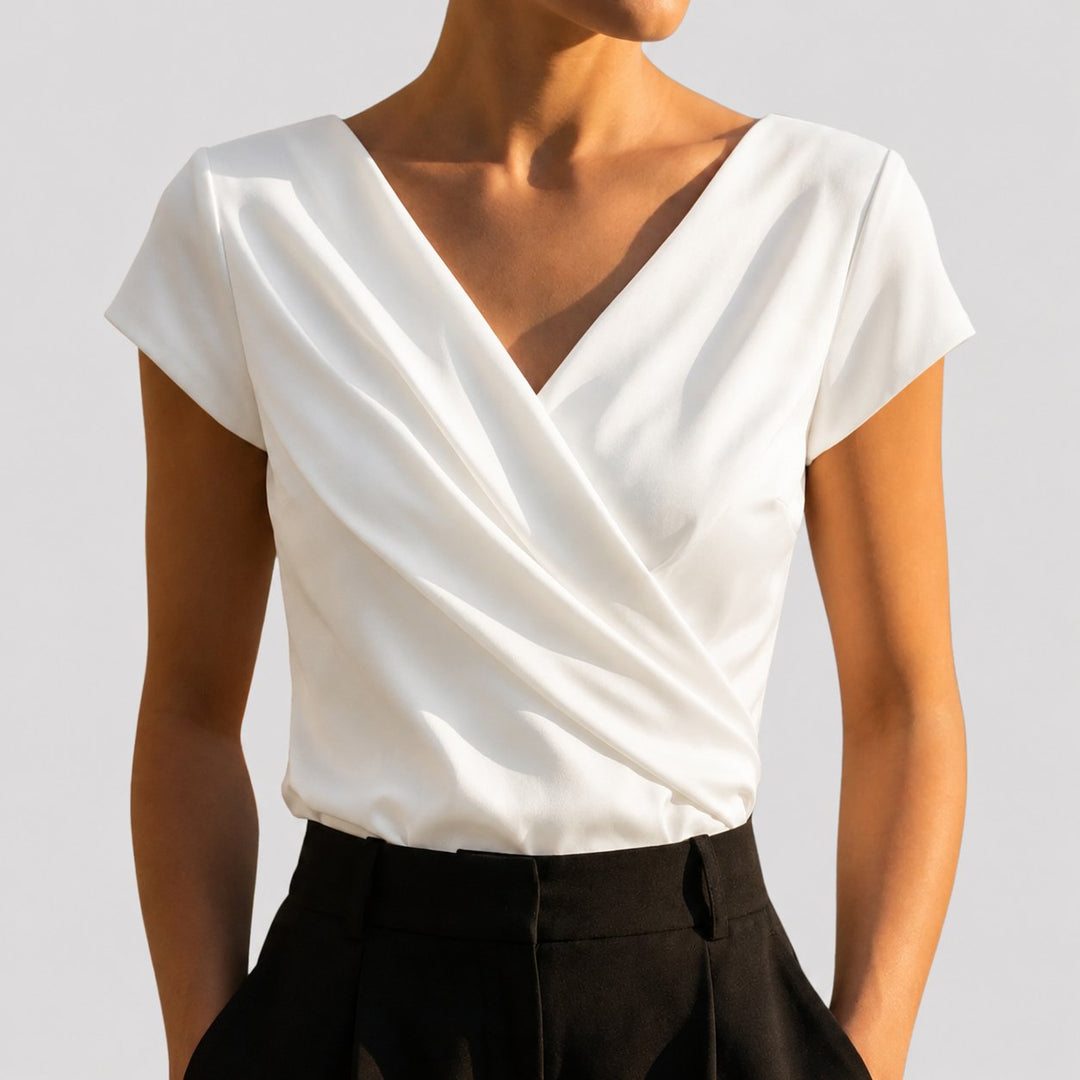 Damen Kurzarm-Wickelbluse mit Drapierung und V-Ausschnitt - White