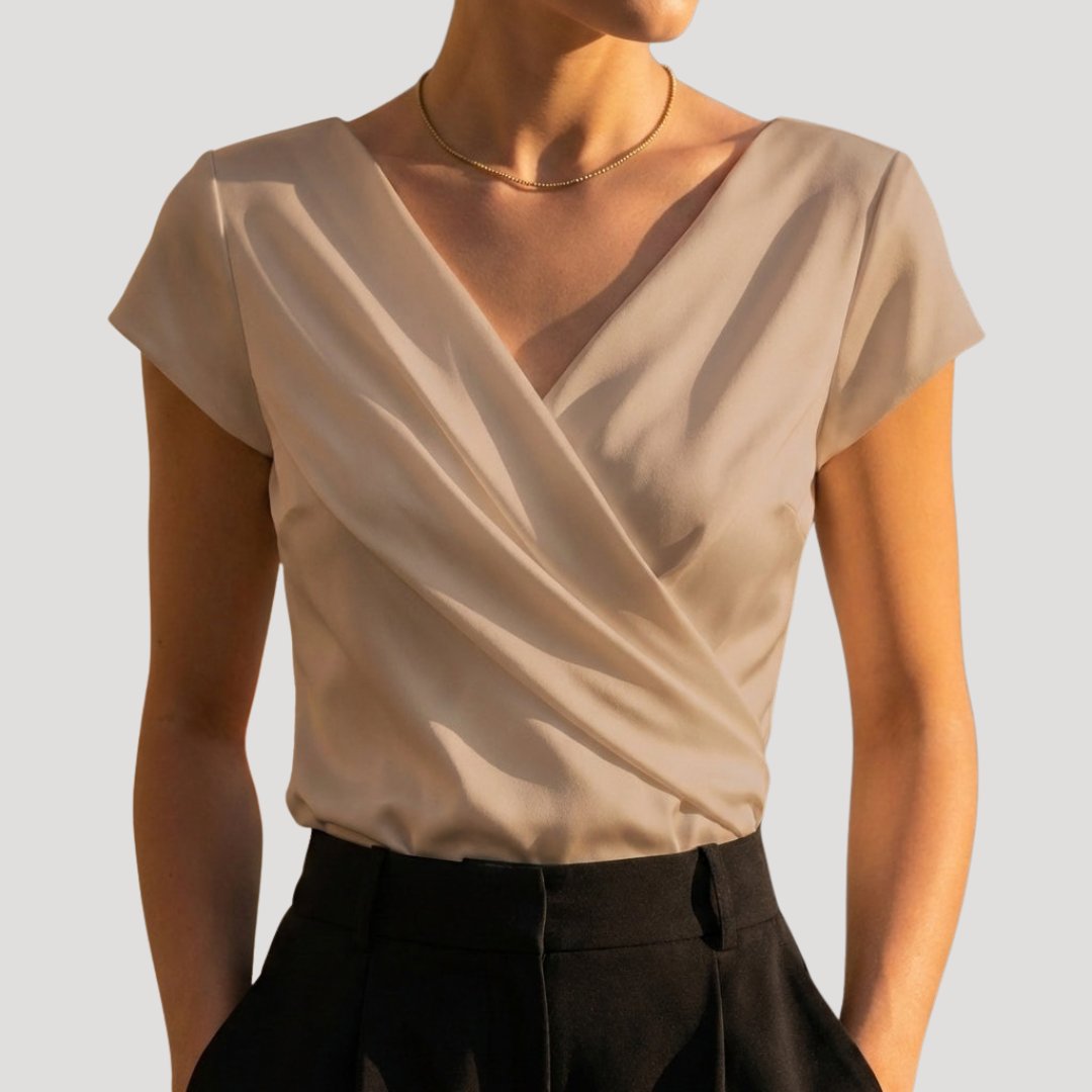 Damen Kurzarm-Wickelbluse mit Drapierung und V-Ausschnitt - Khaki