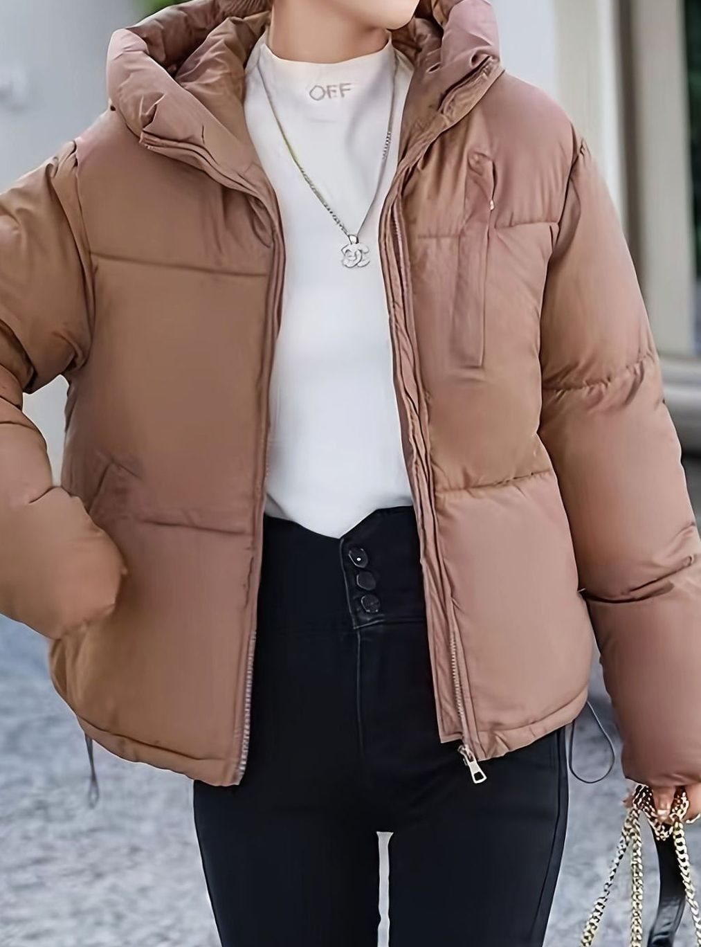 Damen Kurze Gesteppte Daunenjacke mit Kapuze Winterjacke - Khaki