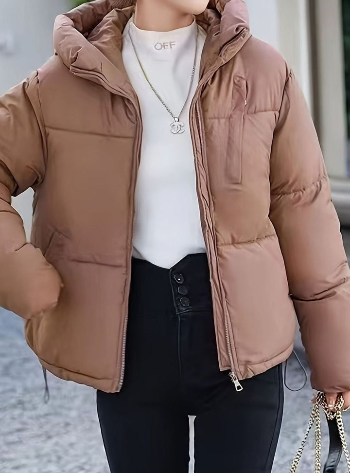 Damen Kurze Gesteppte Daunenjacke mit Kapuze Winterjacke - Khaki