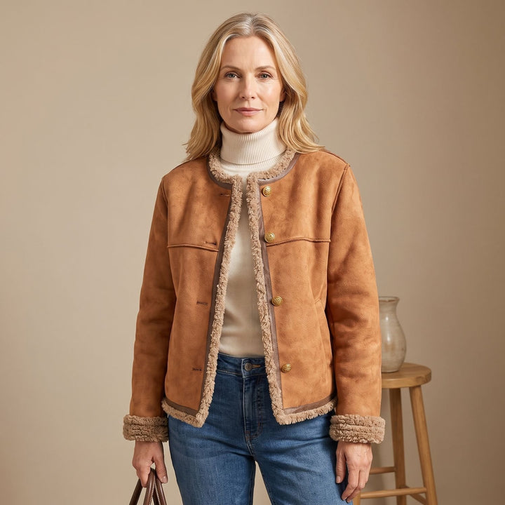 Damen Kurze Lederjacke mit Kunstlammfell-Futter und Goldknöpfen - Braun