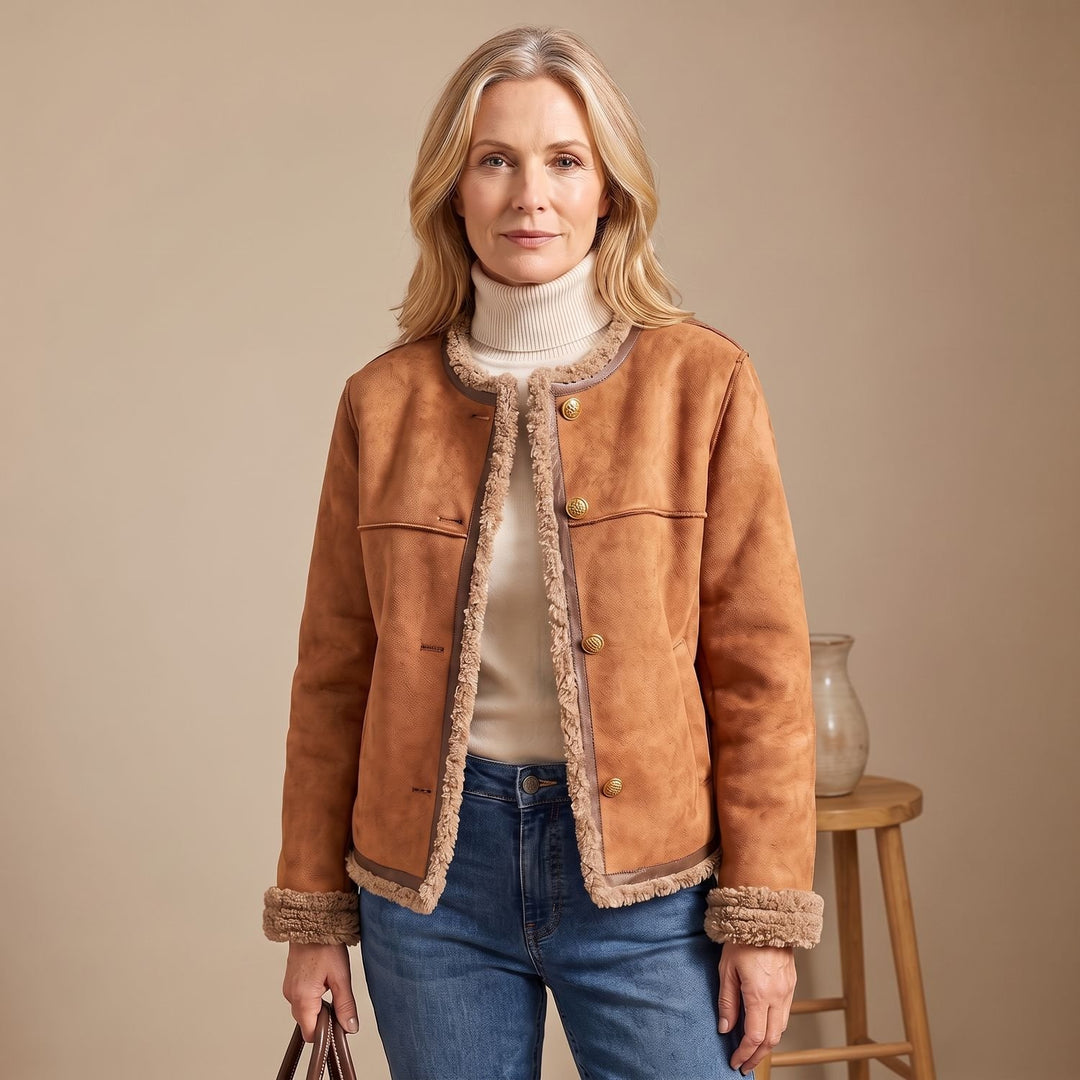 Damen Kurze Lederjacke mit Kunstlammfell-Futter und Goldknöpfen