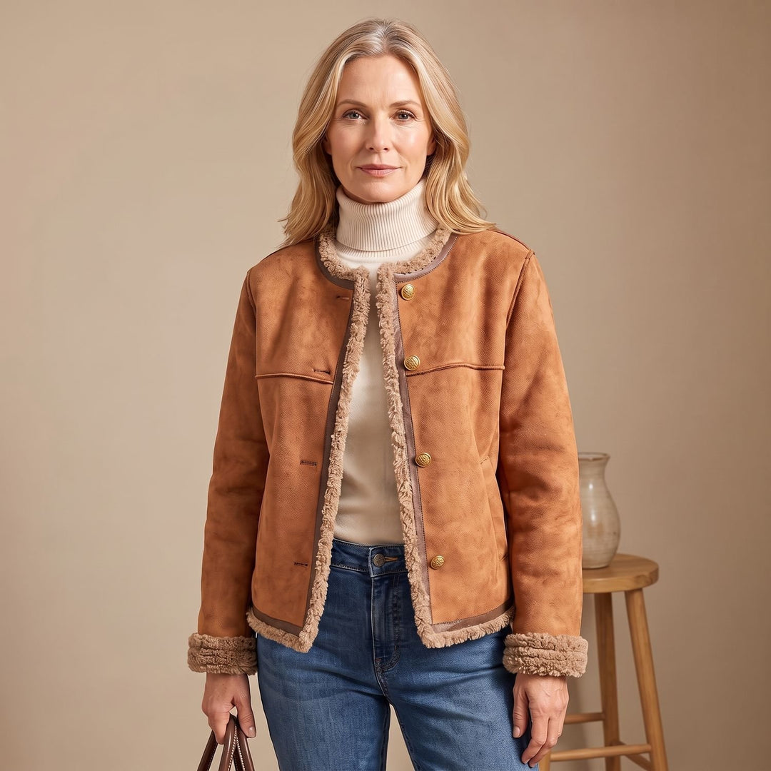 Damen Kurze Lederjacke mit Kunstlammfell-Futter und Goldknöpfen