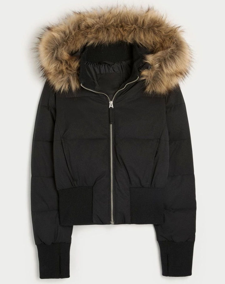 Damen Kurze Pufferjacke mit Fellkapuze und Frontreißverschluss - Schwarz