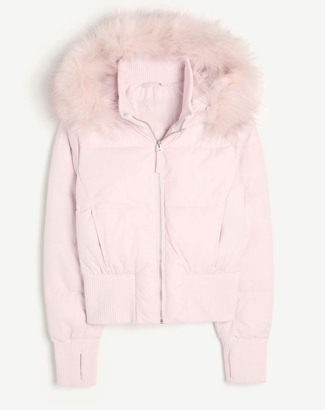 Damen Kurze Pufferjacke mit Fellkapuze und Frontreißverschluss - Rosa