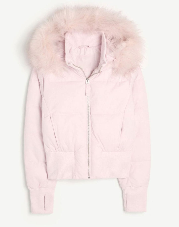 Damen Kurze Pufferjacke mit Fellkapuze und Frontreißverschluss - Rosa