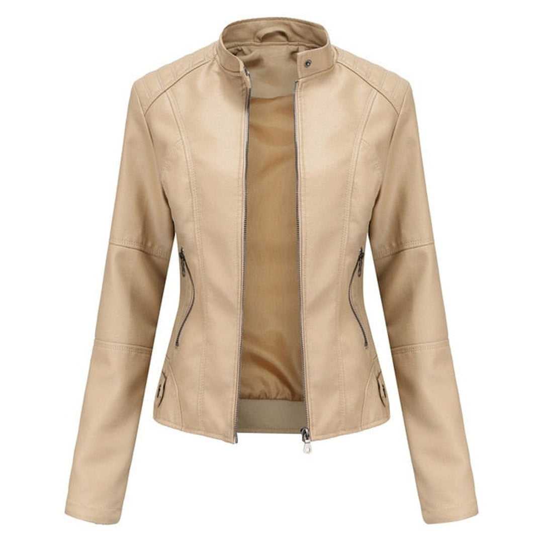 Damen Kurze Taillierte Kunstleder Bikerjacke mit Reißverschluss - Beige