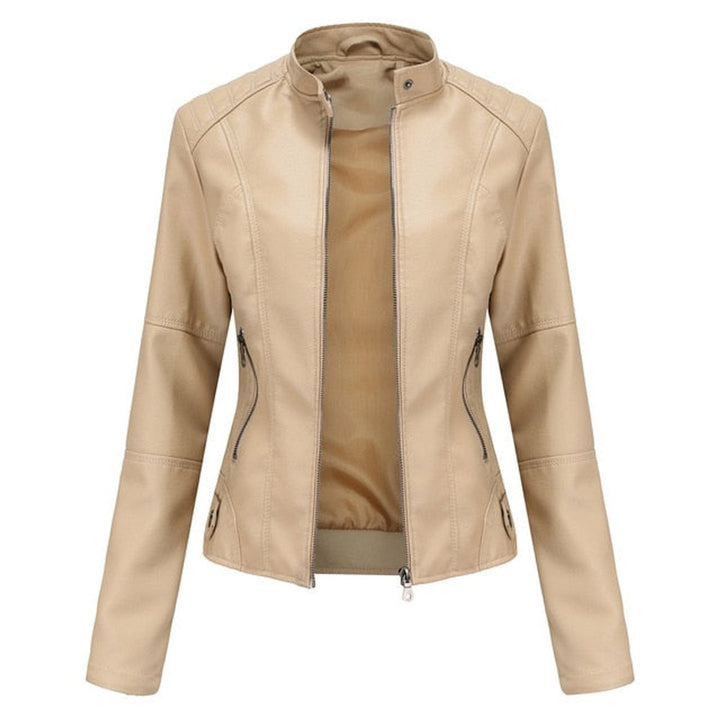 Damen Kurze Taillierte Kunstleder Bikerjacke mit Reißverschluss - Beige