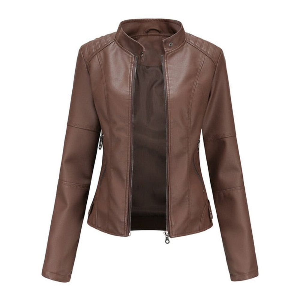 Damen Kurze Taillierte Kunstleder Bikerjacke mit Reißverschluss - Braun