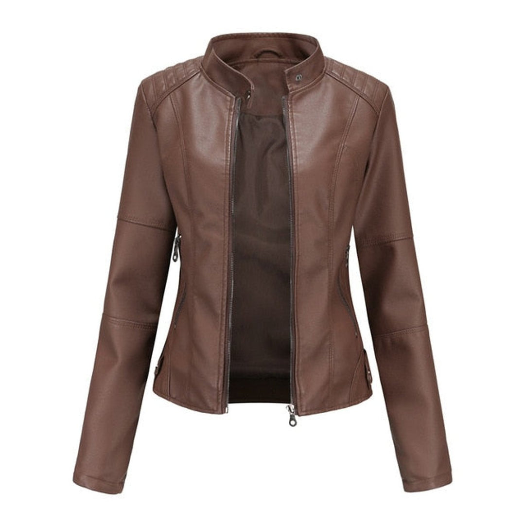 Damen Kurze Taillierte Kunstleder Bikerjacke mit Reißverschluss - Braun