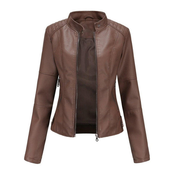 Damen Kurze Taillierte Kunstleder Bikerjacke mit Reißverschluss - Braun