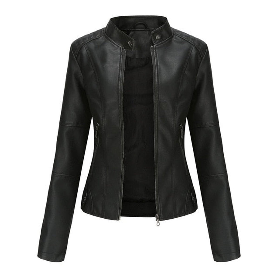 Damen Kurze Taillierte Kunstleder Bikerjacke mit Reißverschluss - Schwarz