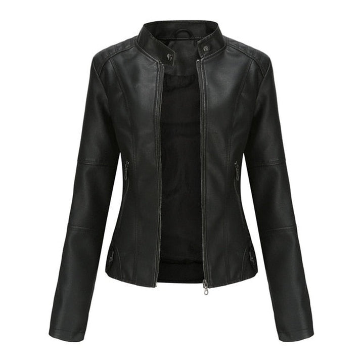 Damen Kurze Taillierte Kunstleder Bikerjacke mit Reißverschluss - Schwarz