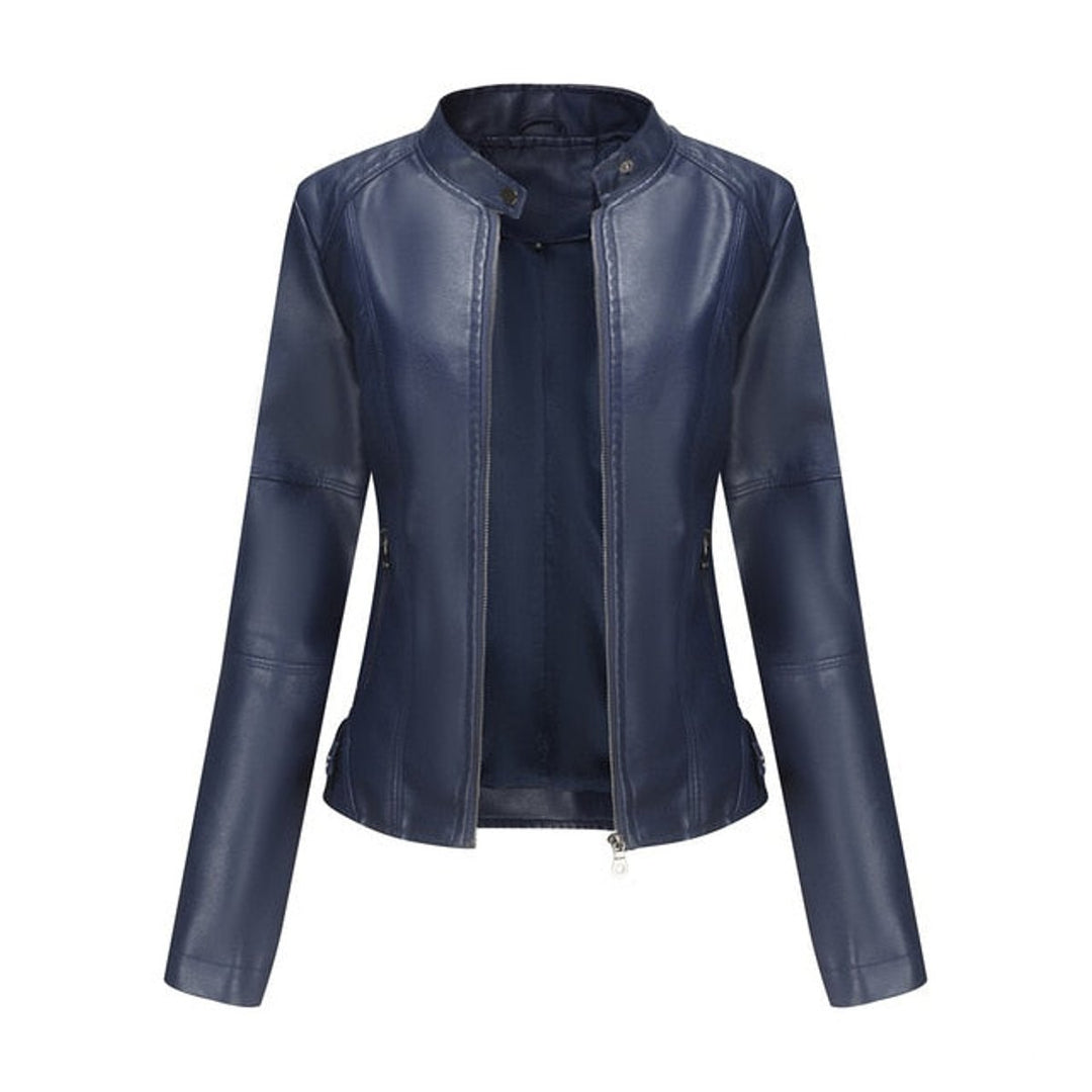Damen Kurze Taillierte Kunstleder Bikerjacke mit Reißverschluss - Blau
