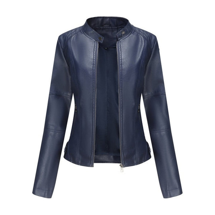 Damen Kurze Taillierte Kunstleder Bikerjacke mit Reißverschluss - Blau