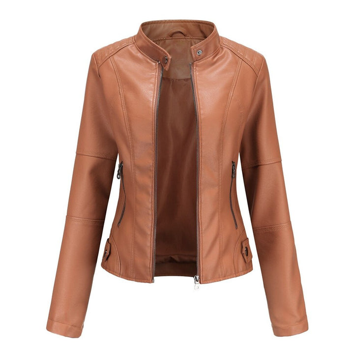 Damen Kurze Taillierte Kunstleder Bikerjacke mit Reißverschluss - Rotbraun