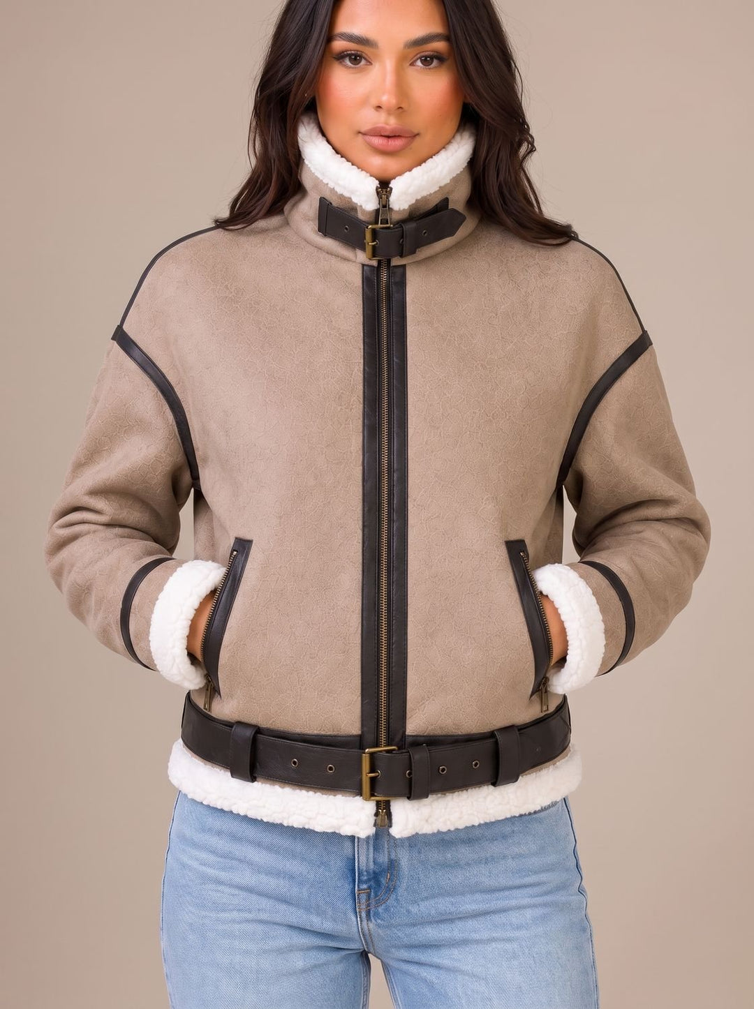 Damen Kurze Teddyjacke Aviator-Stil mit Kunstfell-Besatz und Gürtel