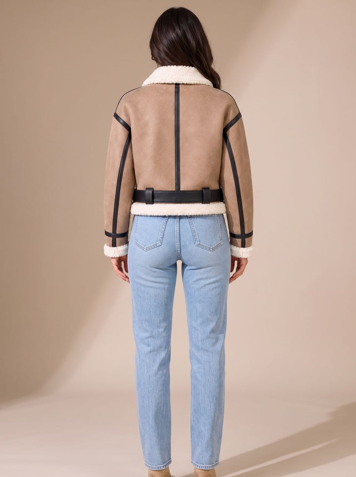 Damen Kurze Teddyjacke Aviator-Stil mit Kunstfell-Besatz und Gürtel