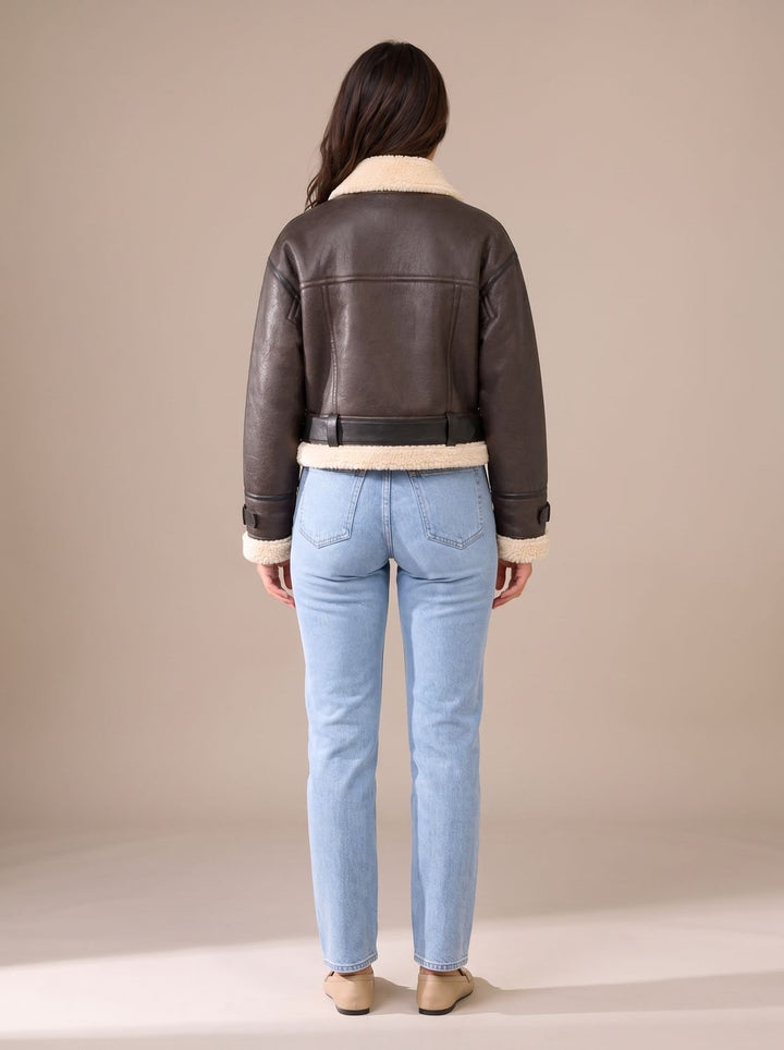 Damen Kurze Teddyjacke Aviator-Stil mit Kunstfell-Besatz und Gürtel