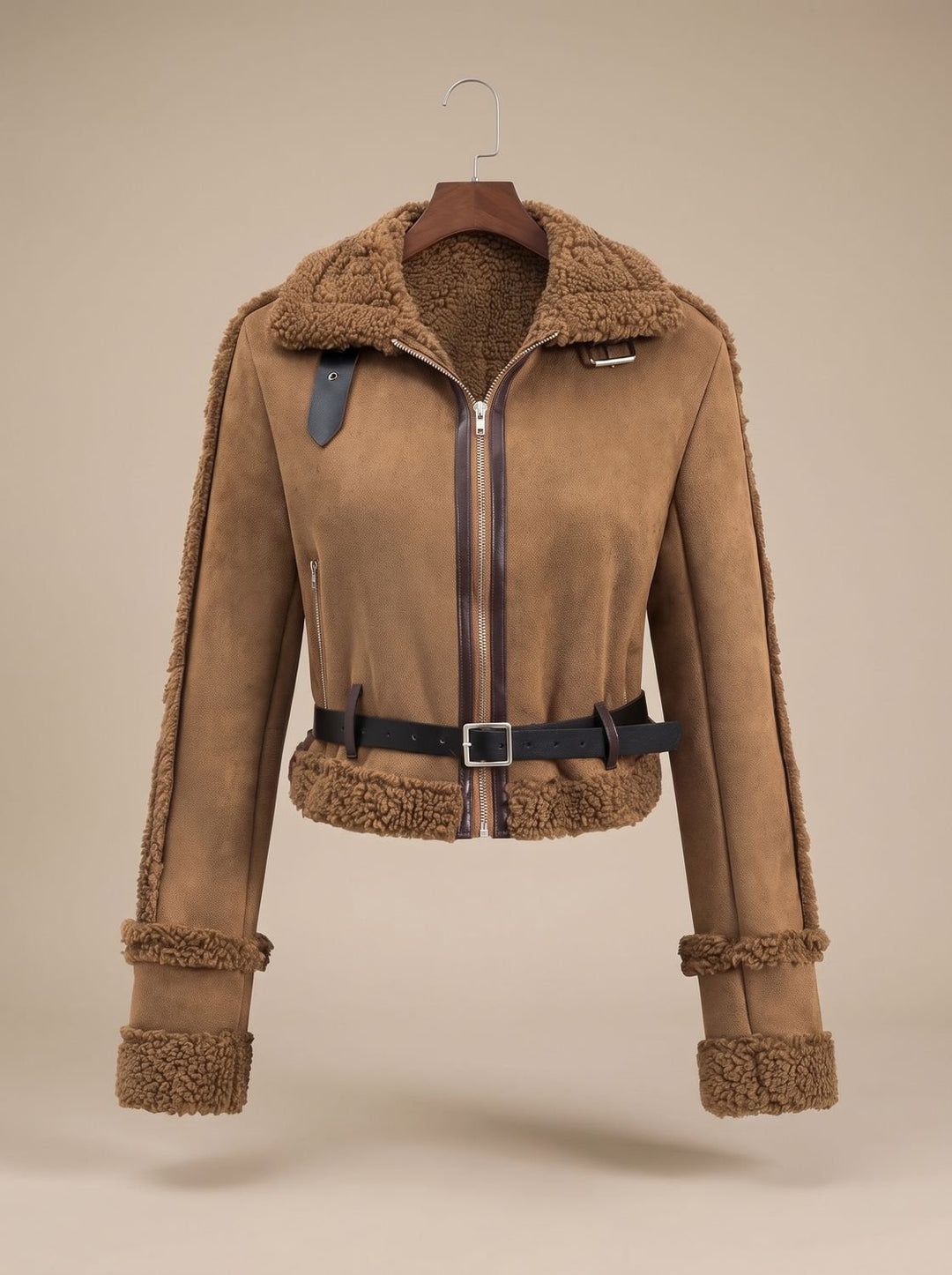 Damen Kurze Teddyjacke Kunstfell Wildleder-Optik mit Gürtel - Braun