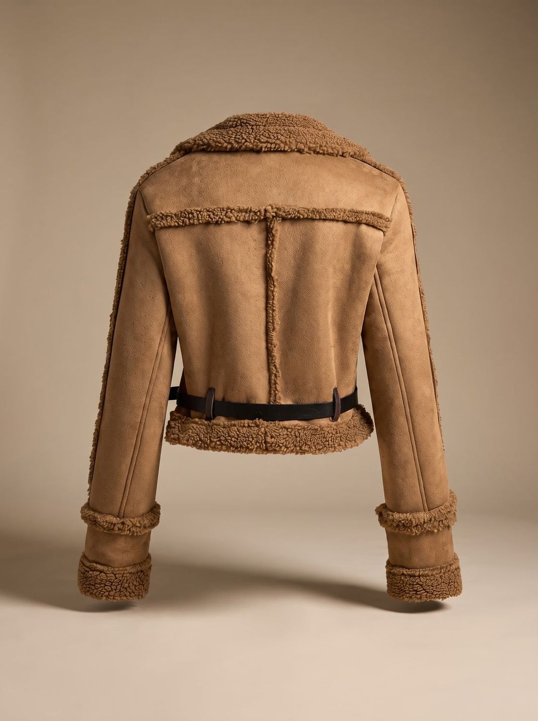 Damen Kurze Teddyjacke Kunstfell Wildleder-Optik mit Gürtel