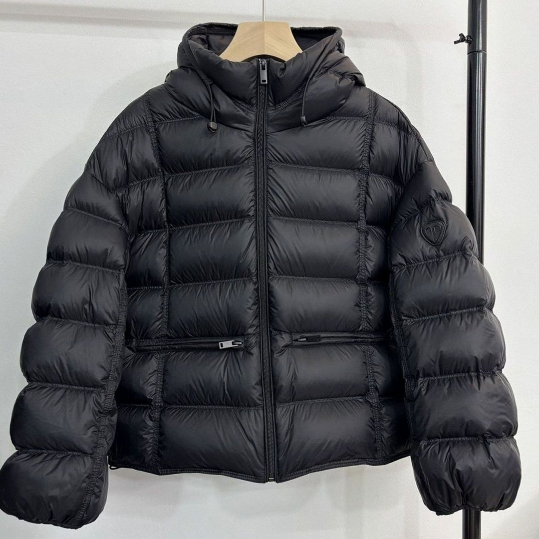 Damen Kurze Thermo-Steppjacke mit Kapuze und Reißverschlusstaschen - Schwarz