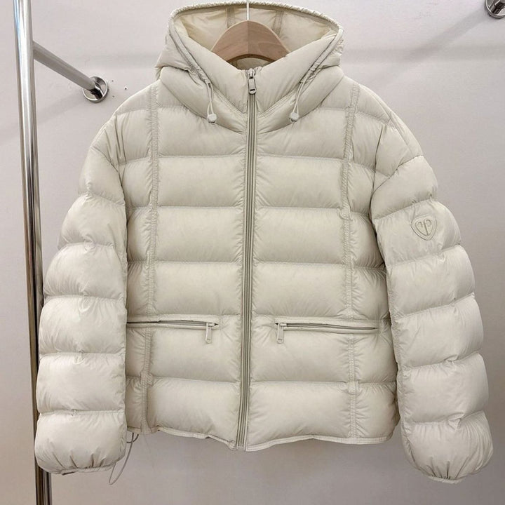 Damen Kurze Thermo-Steppjacke mit Kapuze und Reißverschlusstaschen - Offwhite