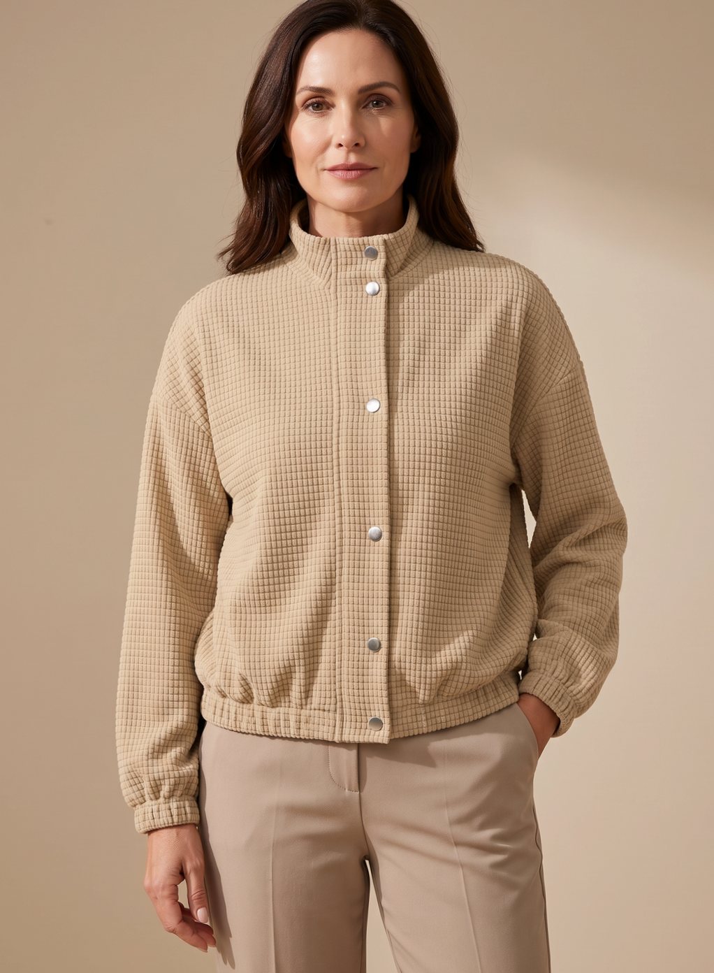 Damen Kurze Waffelstruktur Stehkragen Knopfleisten Jacke