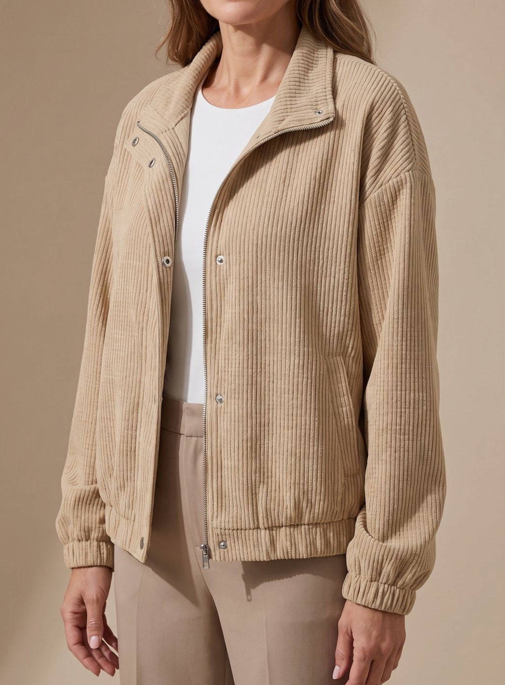 Damen Kurze Waffelstruktur Stehkragen Knopfleisten Jacke