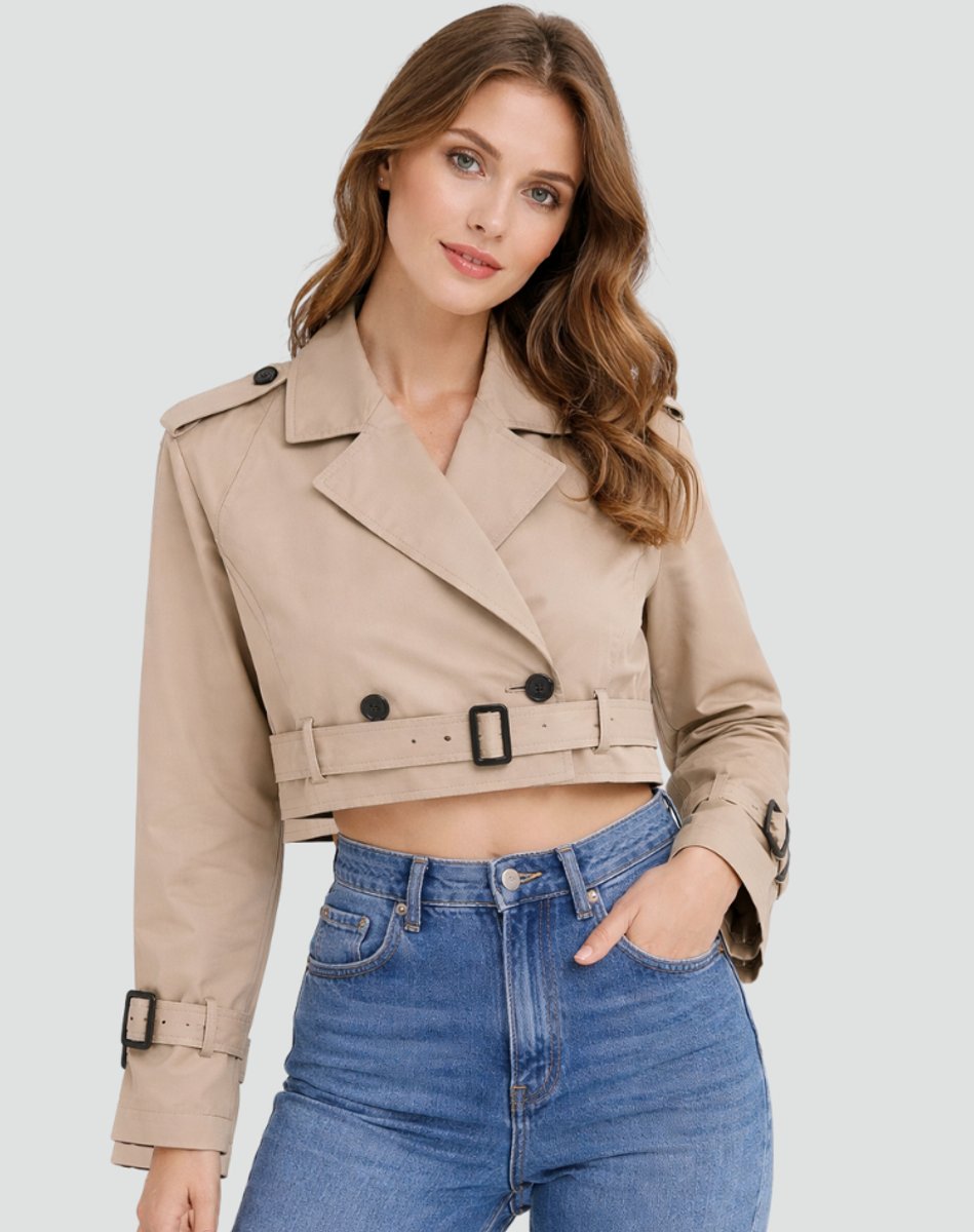 Damen Kurzer Taillierter Trench Coat Doppelreihig Gürteljacke - Khaki