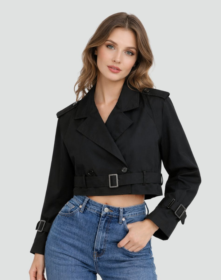 Damen Kurzer Taillierter Trench Coat Doppelreihig Gürteljacke