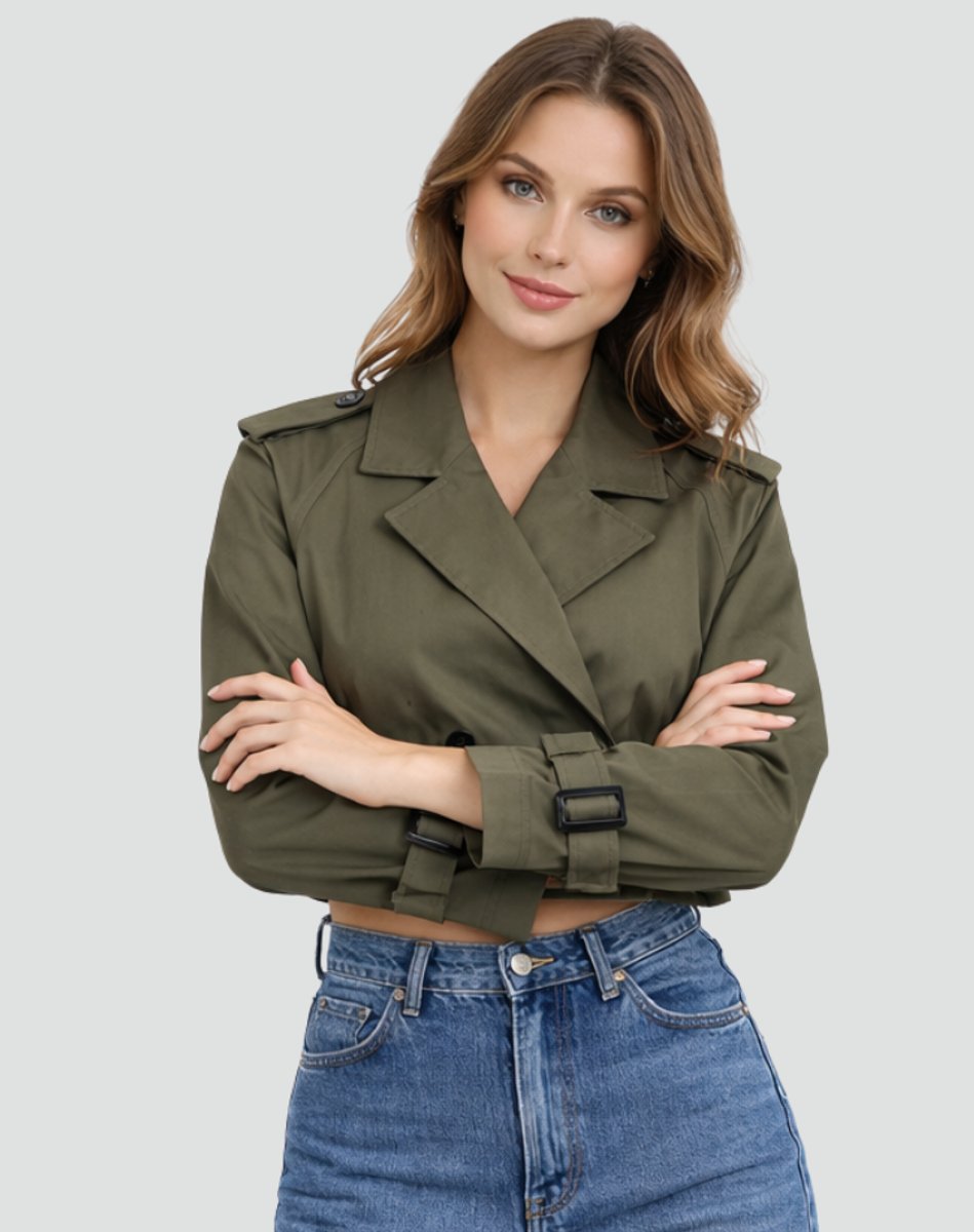 Damen Kurzer Taillierter Trench Coat Doppelreihig Gürteljacke - Armeegrün