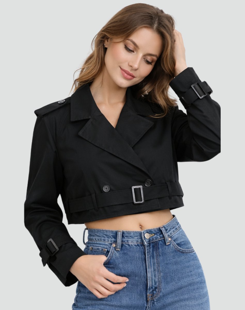 Damen Kurzer Taillierter Trench Coat Doppelreihig Gürteljacke - Schwarz