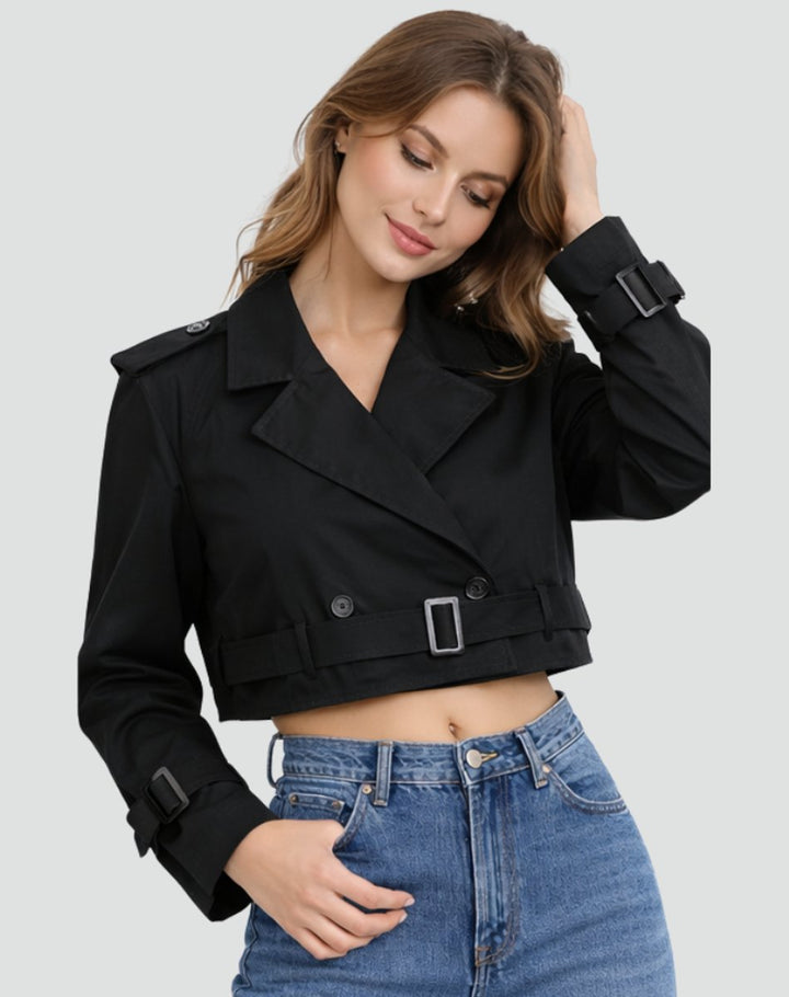 Damen Kurzer Taillierter Trench Coat Doppelreihig Gürteljacke - Schwarz