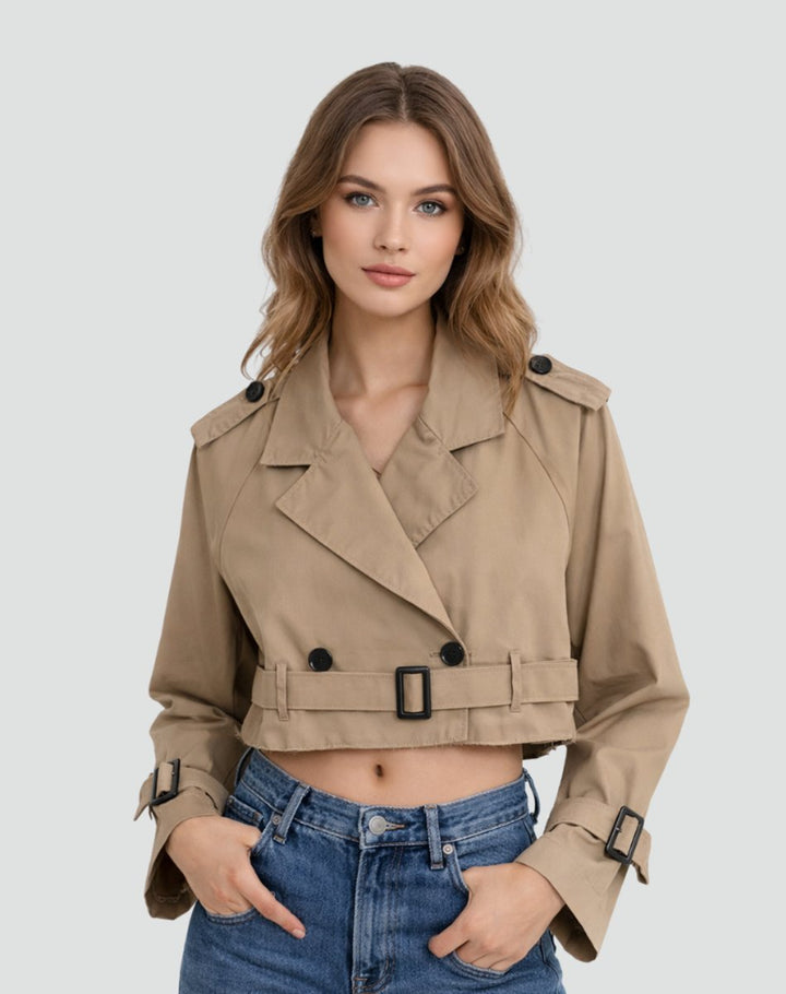 Damen Kurzer Taillierter Trench Coat Doppelreihig Gürteljacke - Braun