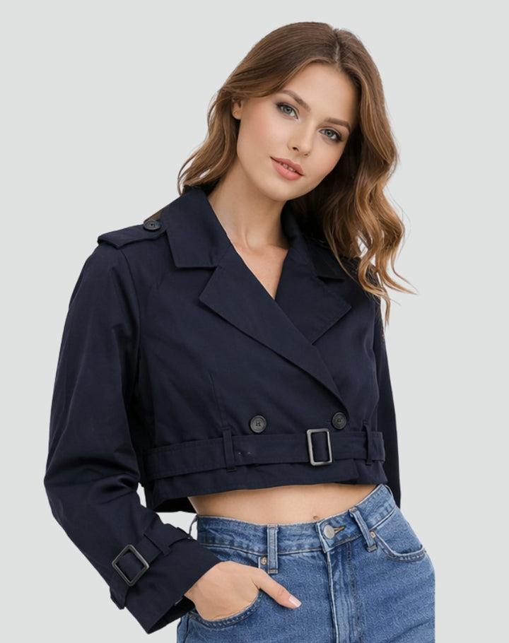 Damen Kurzer Taillierter Trench Coat Doppelreihig Gürteljacke - Marineblau