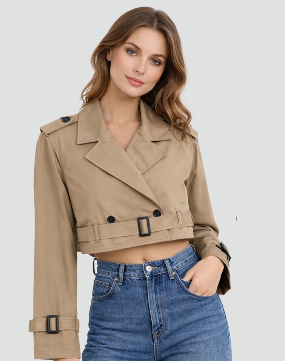 Damen Kurzer Taillierter Trench Coat Doppelreihig Gürteljacke