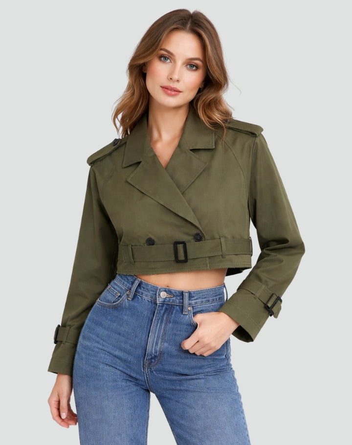Damen Kurzer Taillierter Trench Coat Doppelreihig Gürteljacke
