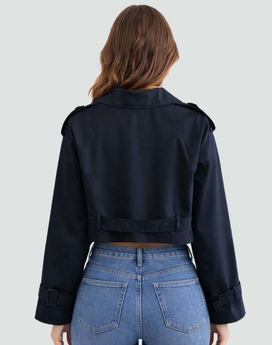 Damen Kurzer Taillierter Trench Coat Doppelreihig Gürteljacke