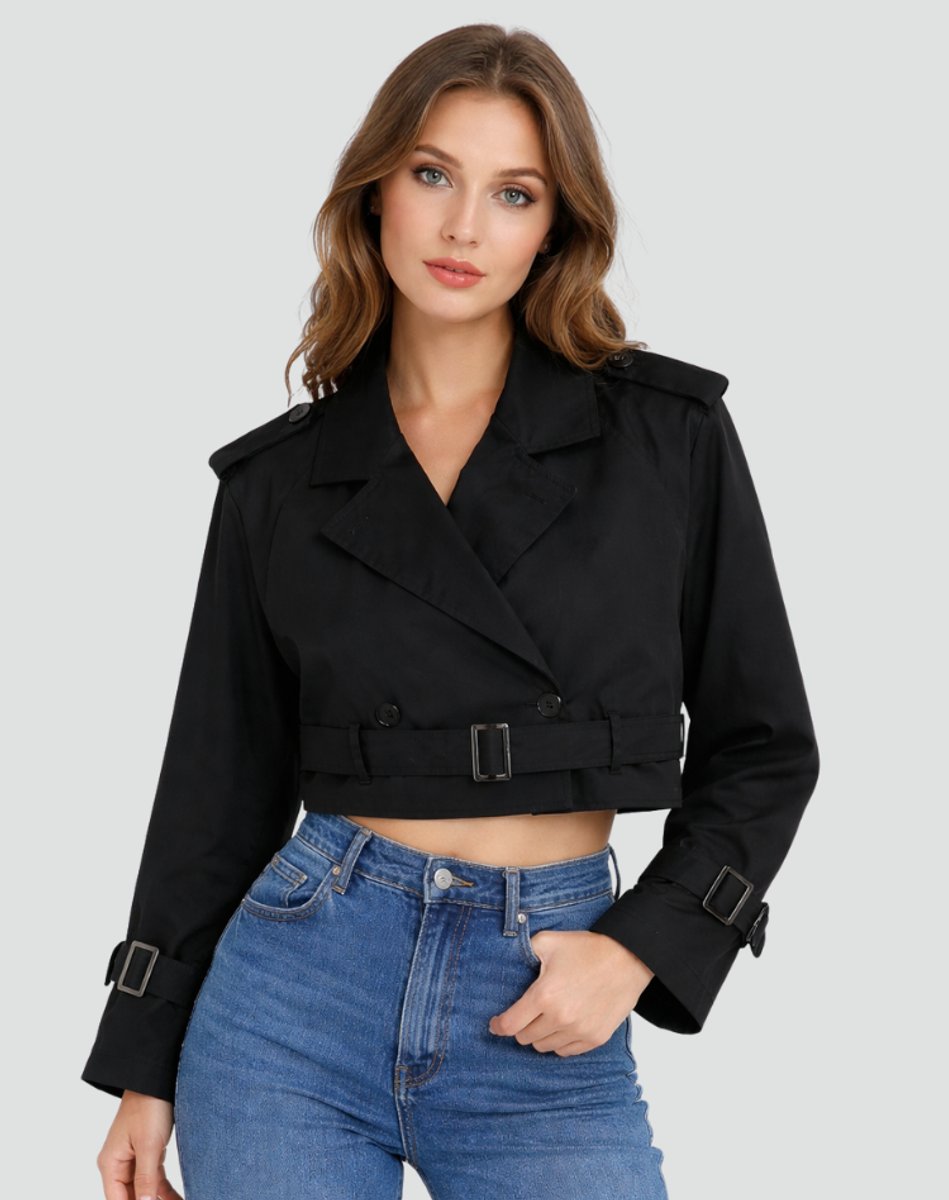 Damen Kurzer Taillierter Trench Coat Doppelreihig Gürteljacke