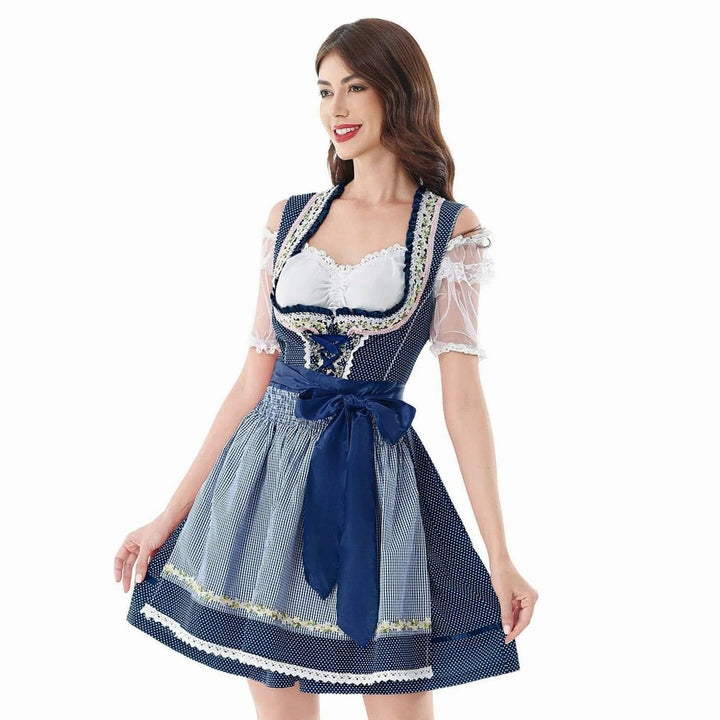 Damen Kurzes Dirndl-Set mit Spitzenbluse karierter Schürze Schleife